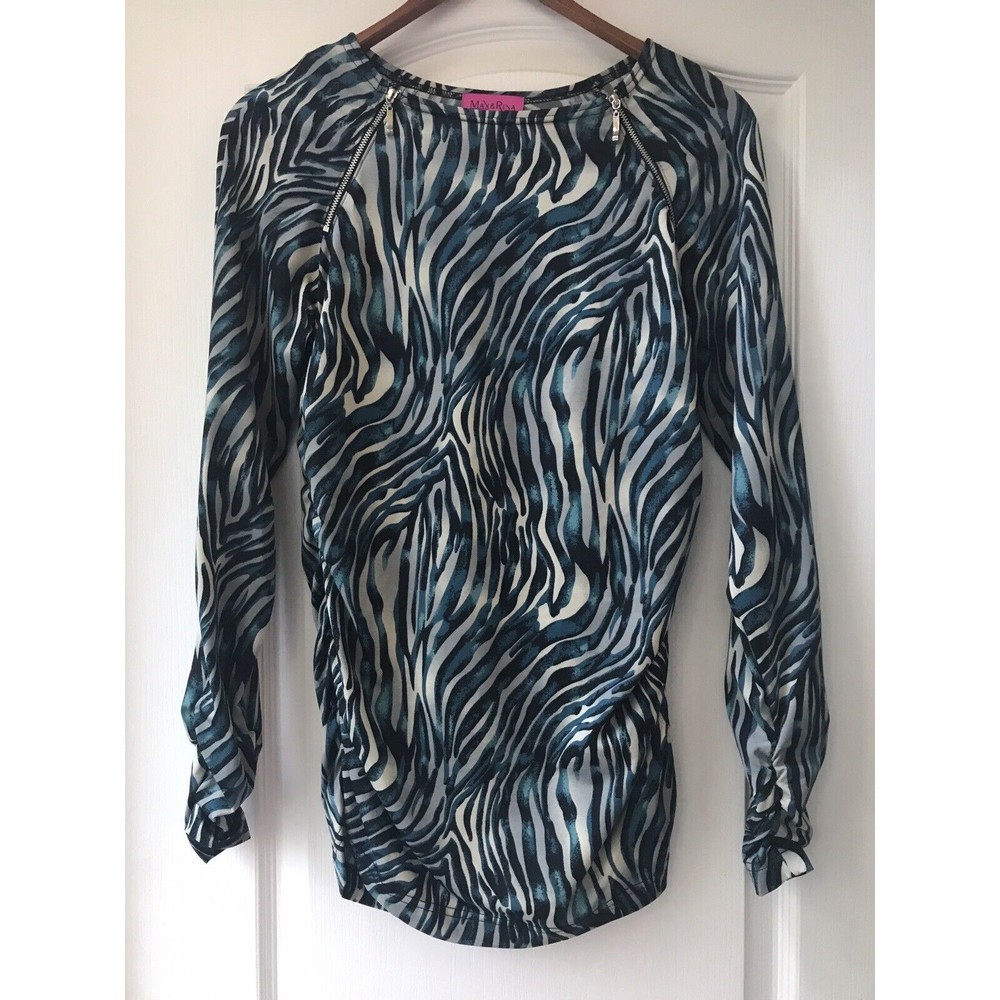Max & Rina Tunic Top Blouse Blue Zebra Print Zipper Accents Size Small